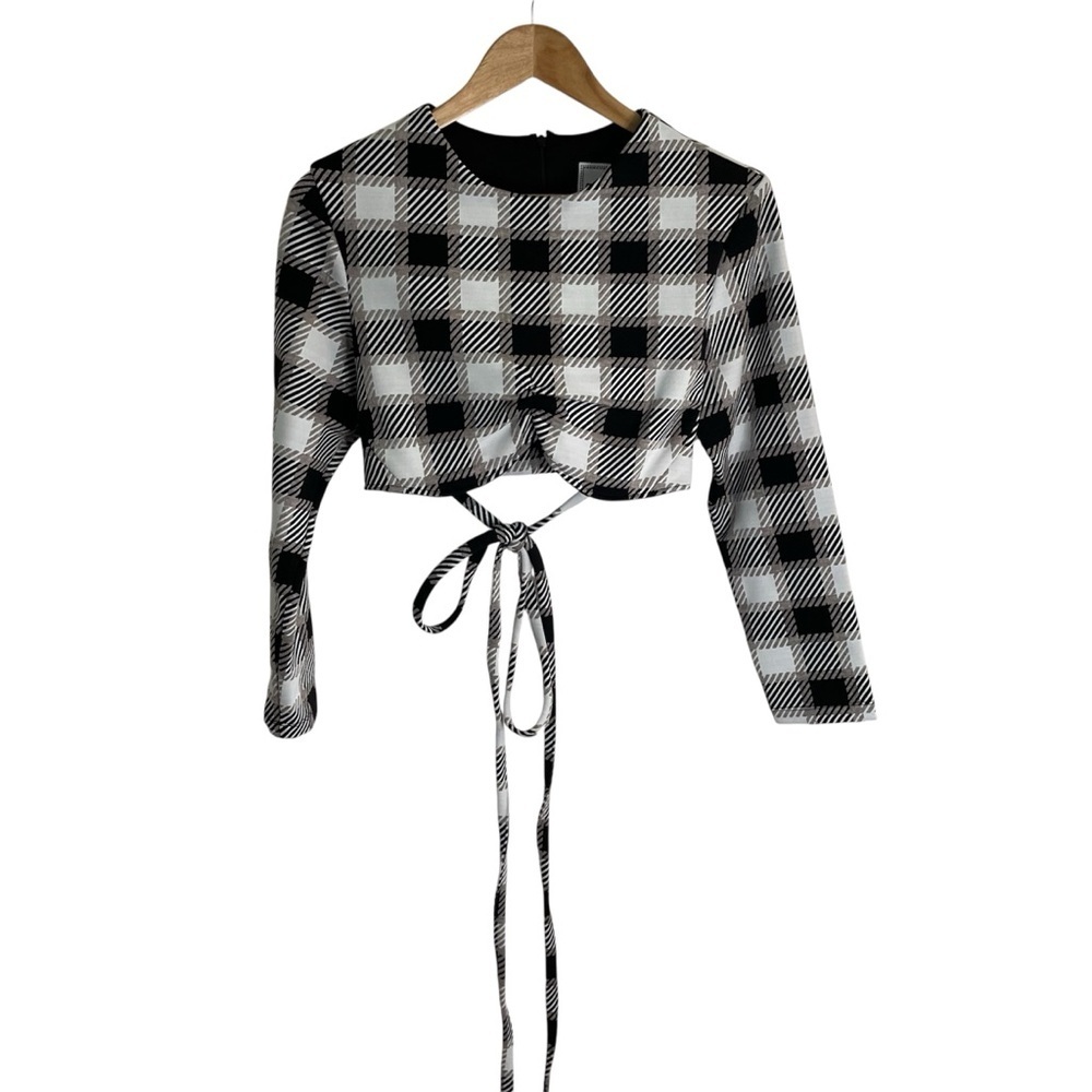 Autumn Adeigbo Black and White Plaid Women's Long Sleeve Crop Top Size 12